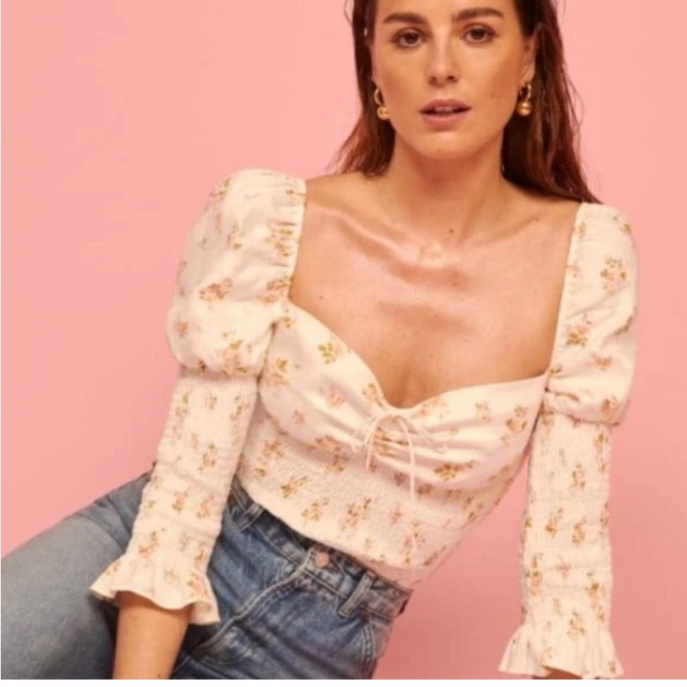 Reformation Ivory Floral Puff Sleeve Blouse - Picture 2 of 9